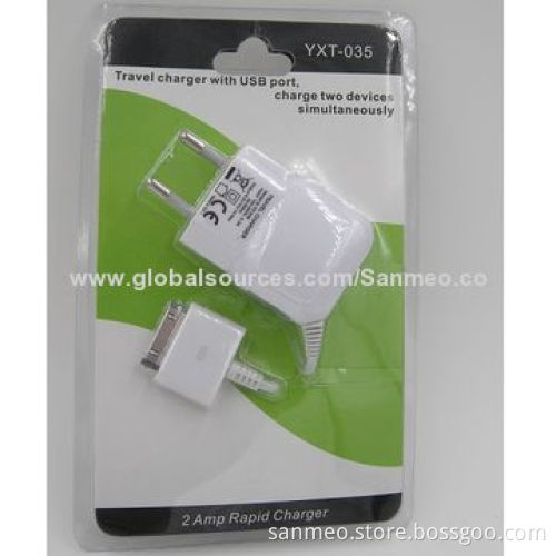 Travel charger with USB port, charges two devices, 1.2m cable lengthNew